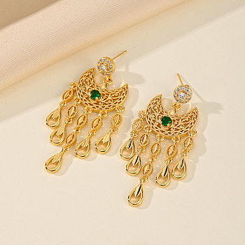 Golden Crescent Moon Tassel Brass Dangle Stud Earrings, with Cubic Zirconia, Fashionable Bridal Accessories, Green, 55x25mm