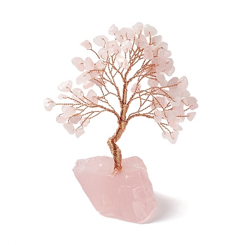 Natural Rose Quartz Tree Display Decoration, Natural Rose Quartz Base Feng Shui Ornament for Wealth, Luck, Rose Gold Brass Wires Wrapped, 47~60x88~105x122~145mm
