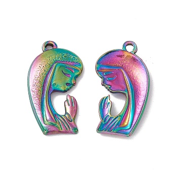 Ion Plating(IP)  304 Stainless Steel Pendants, Female Prayer Charms, Rainbow Color, 25x13.5x3mm, Hole: 1.6mm