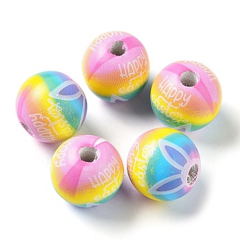 Easter Theme Printed Wood European Beads, Large Hole Beads, Round, Colorful, 16mm, Hole: 4.5mm
