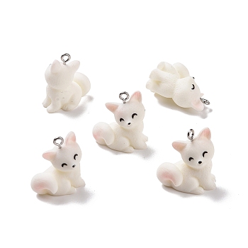 Opaque Resin Pendants, with Platinum Tone Iron Loops, Fox Charm, White, 24.5x21.5x13mm, Hole: 2mm
