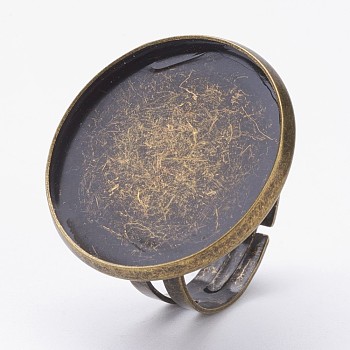 Adjustable Brass Pad Finger Ring Settings, Flat Round, Size 8, Antique Bronze, Tray: 23mm, 18mm