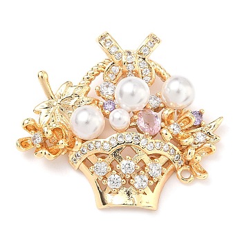Brass Micro Pave Cubic Zirconia Pendants, with ABS Imitation Pearl, Flower Basket Charms, Real 18K Gold Plated, 25.5x29x10mm, Hole: 1.2mm and 2x1.5mm