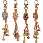 4Pcs Natural Mixed Gemstone Keychain, with Waxed Cotton Thread Cords, Brass Bell Pendants and Zinc Alloy Swivel Lobster Claw Clasps, 15cm, 4pcs/set(HJEW-PH01540)