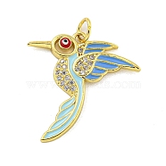 Brass Micro Pave Clear Cubic Zirconia Pendants, with Enamel, Real 18K Gold Plated, Bird, Light Blue, 24x24x2.5mm, Hole: 3mm(KK-R159-14D-G)