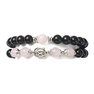 Natural Black Onyx Beaded Warp Bracelets for Women, with Natural Rose Quartz Beads and Alloy Buddha Beads, Inner Diameter: 2-1/8 inch(5.5cm)(BJEW-TA00422)