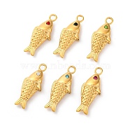 304 Stainless Steel Rhinestone Pendants, Real 14K Gold Plated, Fish Charms, Ion Plating(IP), Mixed Color, 30.5x12x5mm, Hole: 3mm(STAS-M110-27G)