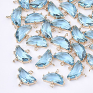 Transparent Glass Links connectors, with Brass Findings, Faceted, Half Round, Light Gold, Aqua, 14x16x5mm, Hole: 1.2mm(GLAA-T007-16C)