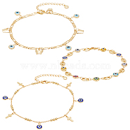 3Pcs 3 Style Butterfly & Cross & Enamel Evil Eye Charm Anklets Set, Brass Satellite & Figaro & Coffee Bean Chains Stackable Anklets for Women, Golden, 8-7/8 inch(22.6~22.8cm), 1Pc/style(AJEW-AN0001-06)