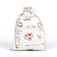 Linenette Drawstring Bags, Rectangle, Cat Pattern, 18x13cm(CON-PW0001-078B-03)
