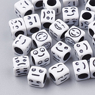 Craft Acrylic Beads, Cube with Mixed Expression, White, 6x6x6mm, Hole: 3.5mm(X-MACR-Q231-05)
