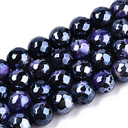 Electroplate Natural Agate Beads Strands, Dyed, Faceted, Pearl Luster Plated, Round, Dark Slate Blue, 8.5x7~8mm, Hole: 1.2mm, about 47~48pcs/strand, 13.78 inch~13.98 inch(35cm~35.5cm)(G-T131-54F)