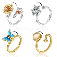 4Pcs 4 Style Cubic Zirconia Rotatable Cuff Ring for Calming Worry, Snowflake & Flower & Butterfly Fidget Spinner Open Rings , Platinum & Golden, US Size 6 1/2~8 1/4(16.9~18.3mm), 1pc/style(RJEW-SZ0001-14)