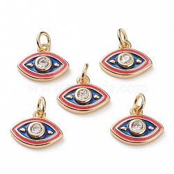 Brass Micro Pave Clear Cubic Zirconia Charms, with Enamel & Jump Rings, Eye, Real 18K Gold Plated, Red, 10x12x3mm, Jump Ring: 5x1mm, 3mm Inner Diameter(KK-C100-15G-C03)