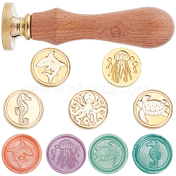 5 Styles Ocean Theme Golden Tone Brass Wax Seal Stamp Head, with 1Pc Pear Wood Handle, for DIY Scrapbooking, Mixed Shapes, 25x14mm, 5pcs(AJEW-CP0007-50B-02)