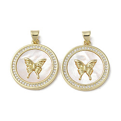 Brass Micro Pave Cubic Zirconia Pendants, with Shell, Flat Round with Butterfly Pattern, Real 18K Gold Plated, 24.5x22x2.5mm, Hole: 3.5x5mm(KK-G485-04G)