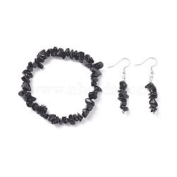 Natural Obsidian Chips Beaded Jewelry Set, Gemstone Stretch Bracelets & Dangle Earrings for Women, Platinum, 35mm, Pin: 0.5mm, Inner Diameter: 2-1/8 inch(55mm)(X-SJEW-JS01232-01)