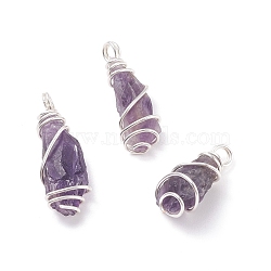 Rough Natural Amethyst Pendants, with Copper Wire Wrapped, Nuggets, Silver, 21~30x9~12x7~10mm, Hole: 2.5~3.1mm(PALLOY-JF01443-02)