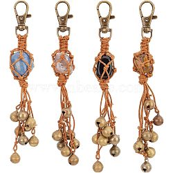 4Pcs Natural Mixed Gemstone Keychain, with Waxed Cotton Thread Cords, Brass Bell Pendants and Zinc Alloy Swivel Lobster Claw Clasps, 15cm, 4pcs/set(HJEW-PH01540)