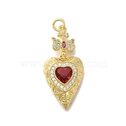 Brass Rhinestone Pendants, Heart, with Jumping Ring, Lead Free & Cadmium Free, Golden, Dark Red, 32.5x15x5.5mm, Hole: 3mm(KK-V002-04G)