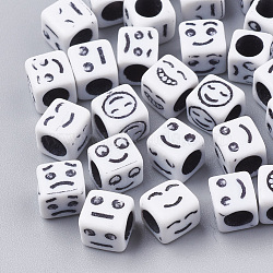 Craft Acrylic Beads, Cube with Mixed Expression, White, 6x6x6mm, Hole: 3.5mm(X-MACR-Q231-05)