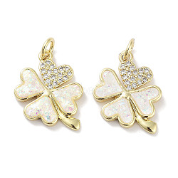 Brass Micro Pave Clear Cubic Zirconia Pendants, with Synthetic Opal and Jump Rings, Real 18K Gold Plated, Clover Charms, White, 17.5x14.5x2.5mm, Hole: 3mm(KK-L213-023G)