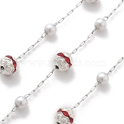 Handmade ABS Imitation Pearl & Rhinestone Round Chains, for Necklaces Bracelets Making, with 304 Stainless Steel Chains, Soldered, with Spool, Red, Link: 2.5x0.8x0.3mm, about 16.40 Feet(5m)/Roll(CHS-L028-03P-02)