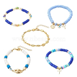 5Pcs 5 Style Handmade Polymer Clay Stretch & Brass Beaded & Alloy Link Chain Bracelets Set, with Millefiori Glass Beads and Pearl Beads, Brass Charm, Cross & Evil Eye, Blue, Inner Diameter: 2.09 inch(53mm)~2-5/8 inch(6.8cm), 5Pcs/set(BJEW-SZ0001-66D)