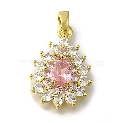 Rack Plating Brass Micro Pave Cubic Zirconia Pendant, Lead Free & Cadmium Free, Long-Lasting Plated, Teardrop, Golden, Pearl Pink, 25x17x5mm, Hole: 4x3mm(KK-H485-39G-03)