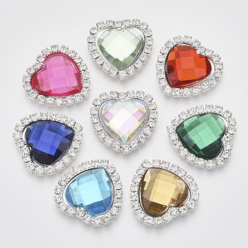 Shining Flat Back Faceted Heart Acrylic Rhinestone Cabochons, with Grade A Crystal Rhinestones and Brass Cabochon Settings, Mixed Color, 22x22x5mm