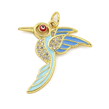 Brass Micro Pave Clear Cubic Zirconia Pendants, with Enamel, Real 18K Gold Plated, Bird, Light Blue, 24x24x2.5mm, Hole: 3mm