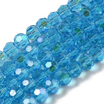 Electroplate Transparent Glass Beads Strands, Faceted, Round, Rainbow Plated, Deep Sky Blue, 6mm, Hole: 1mm, about 98~100pcs/strand, 20.39~20.59 inch(51.8~52.3cm)