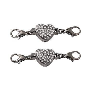 Alloy Crystal Rhinestone Magnetic Clasps, with Lobster Claw Clasps, Heart, Gunmetal, 45mm, Lobster Clasp: 12x7x3mm, Heart: 11x18x7mm