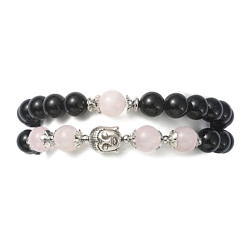 Natural Black Onyx Beaded Warp Bracelets for Women, with Natural Rose Quartz Beads and Alloy Buddha Beads, Inner Diameter: 2-1/8 inch(5.5cm)