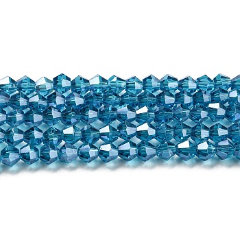 Transparent Electroplate Glass Beads Strands, Pearl Luster Plated, Faceted, Bicone, Steel Blue, 3.5mm, about 108~123pcs/strand, 12.76~14.61 inch(32.4~37.1cm)