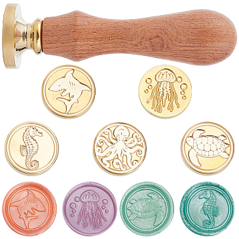 5 Styles Ocean Theme Golden Tone Brass Wax Seal Stamp Head, with 1Pc Pear Wood Handle, for DIY Scrapbooking, Mixed Shapes, 25x14mm, 5pcs