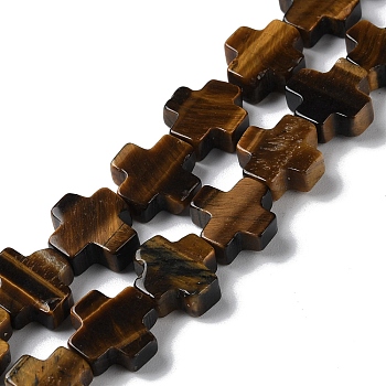 Natural Tiger Eye Beads Strands, Cross, 13~13.5x12.5~13.5x4~5mm, Hole: 1mm, about 18pcs/strand, 9.21''(23.4cm)