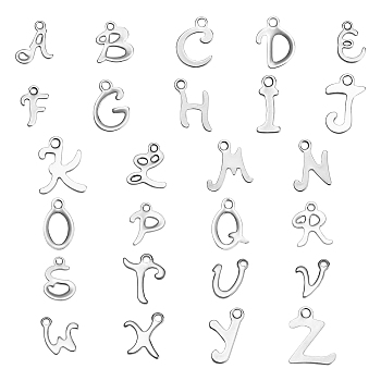 26Pcs 26 Letters 304 Stainless Steel Pendants, Alphabet, Stainless Steel Color, Letter A~Z, 10.5~11.5x5.8~10x1mm, Hole: 1.5mm, 1pc/letter