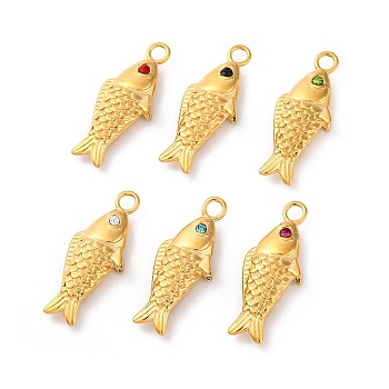 304 Stainless Steel Rhinestone Pendants, Real 14K Gold Plated, Fish Charms, Ion Plating(IP), Mixed Color, 30.5x12x5mm, Hole: 3mm