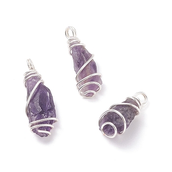 Rough Natural Amethyst Pendants, with Copper Wire Wrapped, Nuggets, Silver, 21~30x9~12x7~10mm, Hole: 2.5~3.1mm