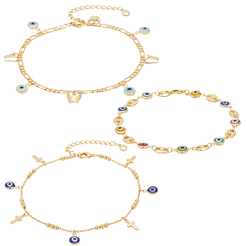 3Pcs 3 Style Butterfly & Cross & Enamel Evil Eye Charm Anklets Set, Brass Satellite & Figaro & Coffee Bean Chains Stackable Anklets for Women, Golden, 8-7/8 inch(22.6~22.8cm), 1Pc/style