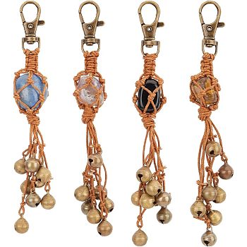 4Pcs Natural Mixed Gemstone Keychain, with Waxed Cotton Thread Cords, Brass Bell Pendants and Zinc Alloy Swivel Lobster Claw Clasps, 15cm, 4pcs/set