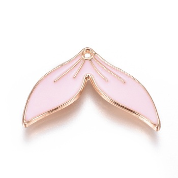 Alloy Pendants, with Enamel, Whale Fishtail Shaped, Light Gold, Pearl Pink, 18x27x2.5mm, Hole: 1mm