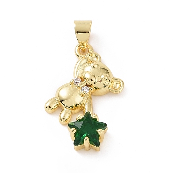 Brass Micro Pave Cubic Zirconia Pendants, Bear with Star Charm, Golden, Green, 27x15x4.5mm, Hole: 5x4mm