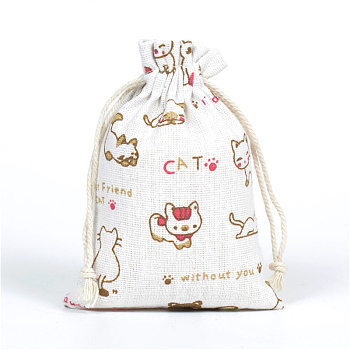 Linenette Drawstring Bags, Rectangle, Cat Pattern, 18x13cm
