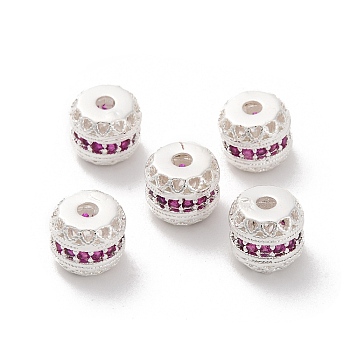 Brass Micro Pave Cubic Zirconia Beads, Long-Lasting Plated, Round, Medium Violet Red, 7.5x6.5mm, Hole: 1.5mm