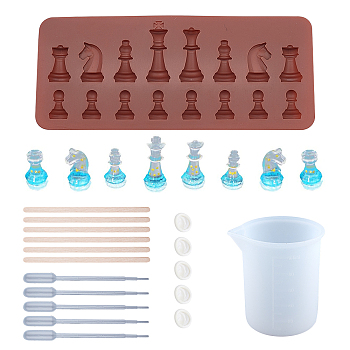 SUNNYCLUE Chess Silicone Mold Kits, with 100ml Measuring Cup Silicone Glue Tools, Disposable Plastic Transfer Pipettes and Birch Wooden Craft Ice Cream Sticks, Mixed Color, 20.8x8.8x0.9cm, Inner: 2.2~4.7cm
