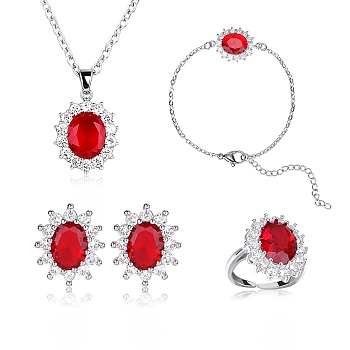 Cubic Zirconia Oval Pendant Necklace & Link Bracelet & Cuff Ring & Stud Earrings, Platinum Brass Jewelry Set for Women, Red, 413mm, 167mm, Inner Diameter: 17mm, 13.5x11.5mm, Pin: 0.7mm