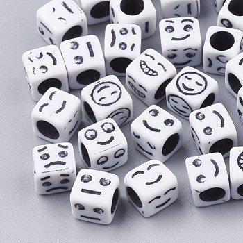 Craft Acrylic Beads, Cube with Mixed Expression, White, 6x6x6mm, Hole: 3.5mm