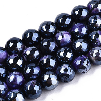 Electroplate Natural Agate Beads Strands, Dyed, Faceted, Pearl Luster Plated, Round, Dark Slate Blue, 8.5x7~8mm, Hole: 1.2mm, about 47~48pcs/strand, 13.78 inch~13.98 inch(35cm~35.5cm)